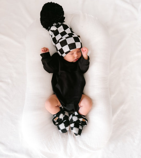 The Newborn Beanie — Black + White Checkered