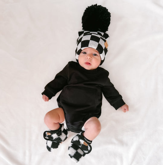 The Newborn Beanie — Black + White Checkered