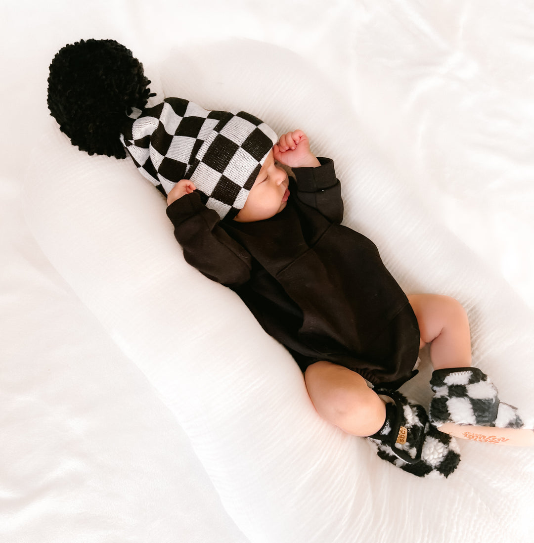 The Newborn Beanie — Black + White Checkered